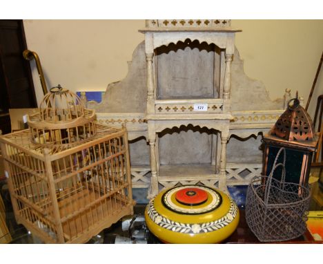 Ephemera - a copper  lantern, blue glass panels; a wooden songbird cage; a painted set of galleried display shelves; etc.