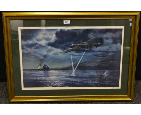 The Dam Busters, signed by Johnsone, John Bell, Valentine and other pilots for the Rotary Club, coloured print, framed