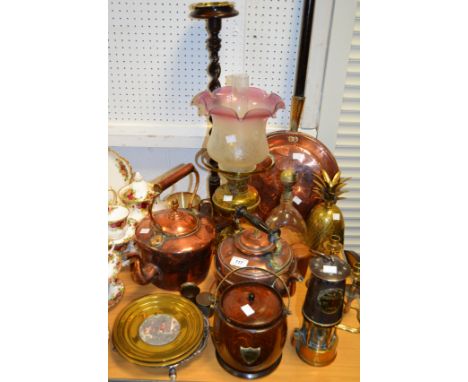 Metalware - a late 19th century size 8 copper kettle with acorn finial and castle top base; an Eccles miners lamp; a 19th cen