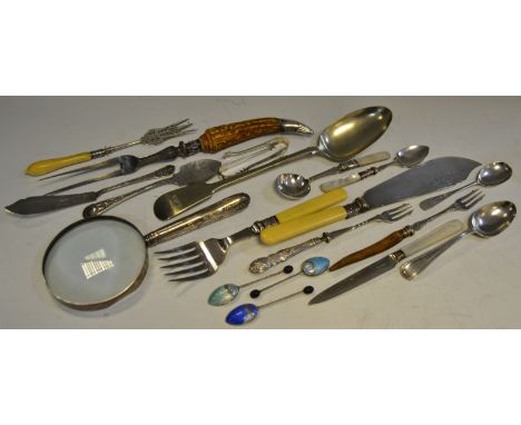 Flatware - a large Fiddle pattern serving spoon;  toasting fork;  a silver plated hafted connoisseurs lens;  silver and ename