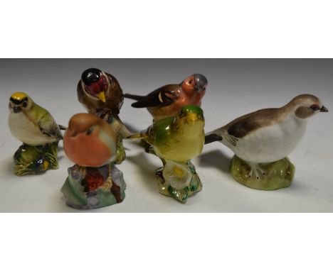 A Beswick Goldfinch no. 2273, Goldcrest no. 2415, another no. 166; a Royal Worcester Robin no. 3197; an Aynsley Wild Bird Ser