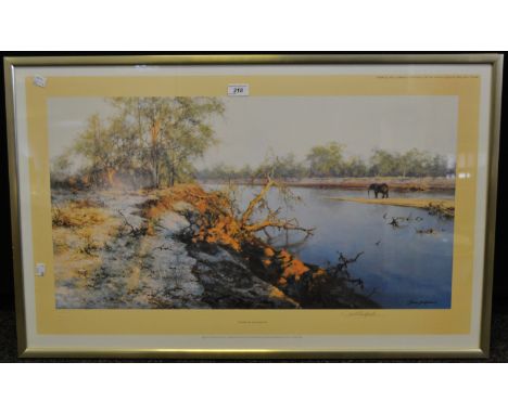 David Shepherd, by and after, Evening of the Elephant, coloured  print, signed in pencil to margin, framed