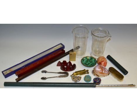 Boxes & Objects - a Chinese chopstick box; cased thermometers; a malachite dish; two Victorian glass measures; etc