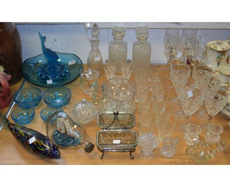 Glassware - a Murano coloured glass fish; liqueur decanter & glasses, an early 20th century blue glass centre piece; etc. qty