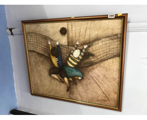 Joyce Roybal, oil, signed, 'Two people playing football', 50 x 60cm