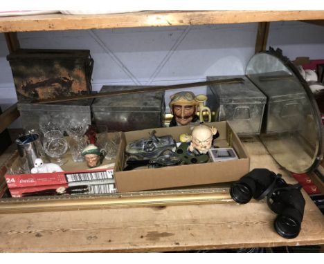 Shelf of assorted including Royal Doulton character jugs, mirrors, Timex watch etc