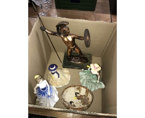 Box containing Satsuma bowl, Worcester and Royal Doulton figures