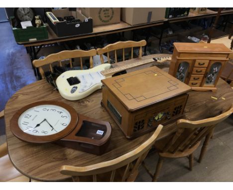 Modern record player, wall clock and jewellery box