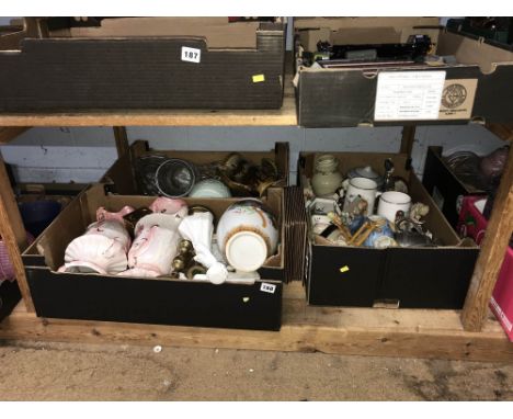 Three boxes of assorted including brass candlesticks, Spode etc