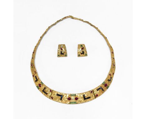 An 18ct gold Byzantine inspired emerald, sapphire, ruby and diamond necklace and a matching pair of earrings stamped '750', t