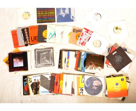 A mixed collection of 80+ 45rpm 7" vinyl singles of varying artists and genres comprising Sex Pistols, The Beat, Funkadelic, 