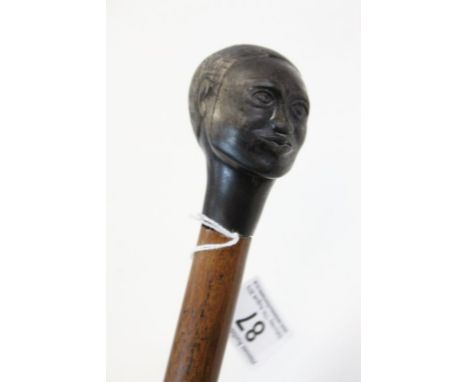 Hardwood walking Stick with Ebony African head knop, approx 90cm long in total