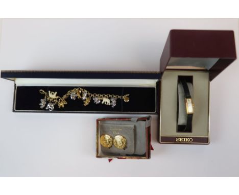 Boxed "Brooks &amp; Bentley" Elephant charm Bracelet, pair of Christian Dior Earrings plus a boxed Ladies mechanical Seiko wr