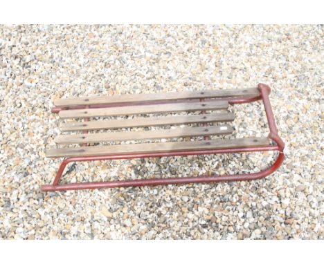 Vintage Sledge in painted Tubular metal with wooden Slat seating, measures approx 94 x 39 x 21cm