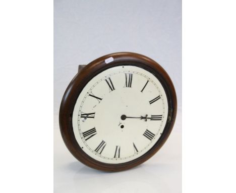 Mahogany cased Station type wall clock with fusee movement with painted metallic dial, approx. 38 comes with pendulum but mis