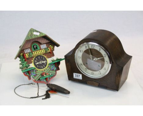 Key wind Wooden cased Mantle Clock and a Painted vintage Cuckoo Clock with chain &amp; weight