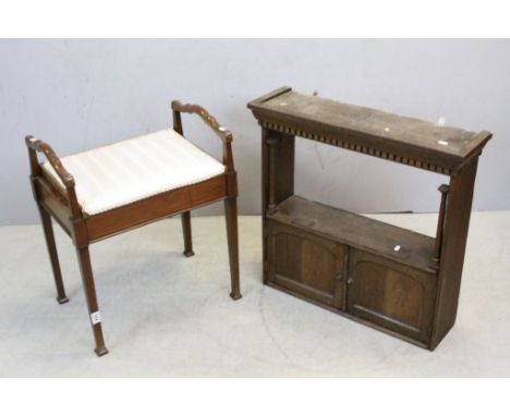 Edwardian Mahogany Inlaid Piano Stool and an Oak Hanging Shelf / Cupboard, 69cms wide x 67cms high