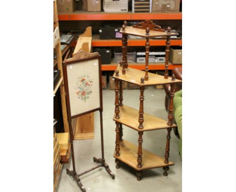 Victorian Inlaid Walnut Four Tier Whatnot, 135cms high x 67cms wide together with Early 20th century Mahogany Framed Firescre