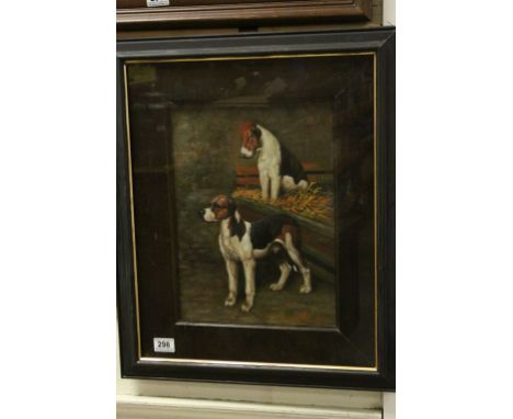 Oil painting study of two Hunting Dogs in a Barn