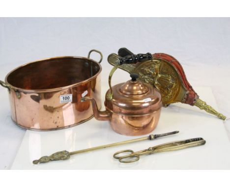 Twin handled Copper pan, kettle with brass and wooden handle, bellows with Dutch scene in brass and two fire tools