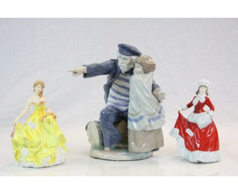 Large Nao ceramic Figurine of an old Sailor with Child, stands approx 31.5cm &amp; two Royal Doulton figurines; HN5314 "Winte