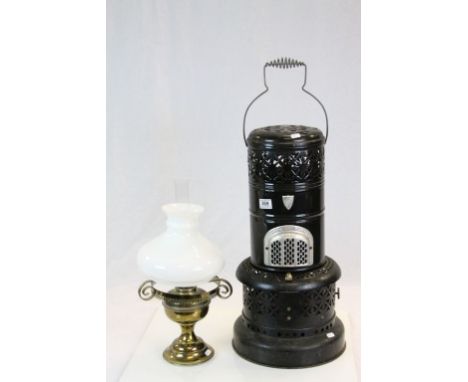 Vintage "Valor" upright Enamel Paraffin Heater &amp; a Brass Oil lamp with opaque Glass shade