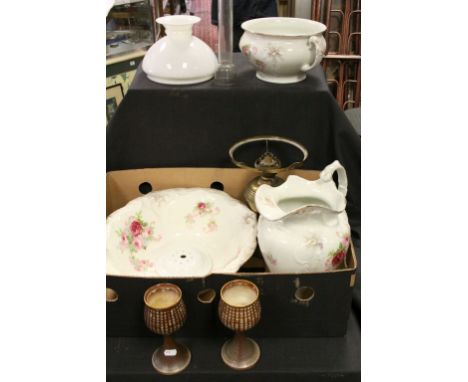 Two boxes of mixed collectables to include meakin coffee set, ceramic wash set and brass oil lamp.
