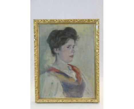Gilt framed oil on canvas portrait of a Young Female, image approx. 51.5 cm 38.5cm 