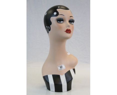 Art Deco style mannequin head, with black and white dotted hair and red lips, stands approx. 45 cm