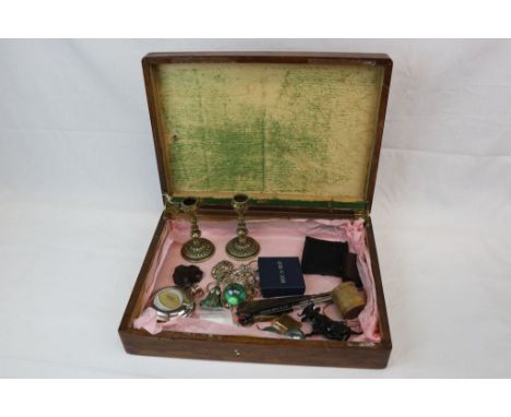 Box mixed collectables including Dalvey clock, vintage brass candlesticks, silver bangle, snuff box etc