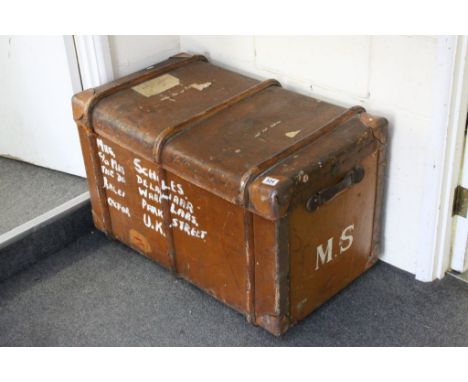 Large Vintage Canvas Covered and Wooden Bound Travelling Trunk, 90cms wide x 53cms deep x 55cms high