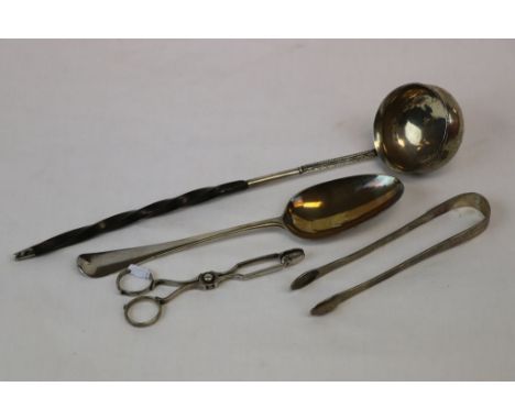 Three items of Georgian Silver including  Ladle, Sugar Tongs and Spoon plus a Pair of White Metal Sugar Nips