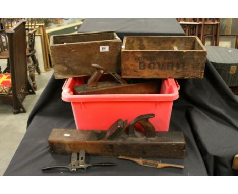A group of woodworking tools to include planes, spokeshaves etc, plus a Stanley 45 with accessories and a Bovril advertising 