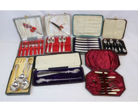 Boxed Silver plated Cutlery etc to include Hallmarked Silver handled Button hook, Shoe horn set, Vanity set, Silver handled T