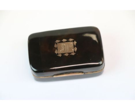 19th Century Tortoiseshell Snuff box approx 5 x 3 x 2cm, with Gold cartouche to the hinged lid