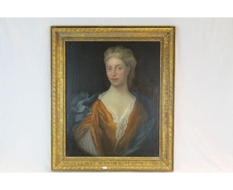 Large gilt framed oil on canvas portrait of a lady in 18th century style dress, image approx. 69.5cm x 56.5cm 