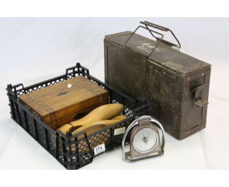 Mixed lot of collectables to include wooden shoe lasts, Jewellery box and a vintage ammunition box.