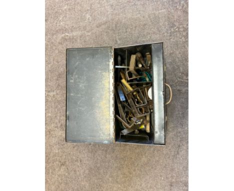 Metal toolbox open lid and handle measures approx 10 inches high 20 inches wide and 12 inches depth with contents spanners, h