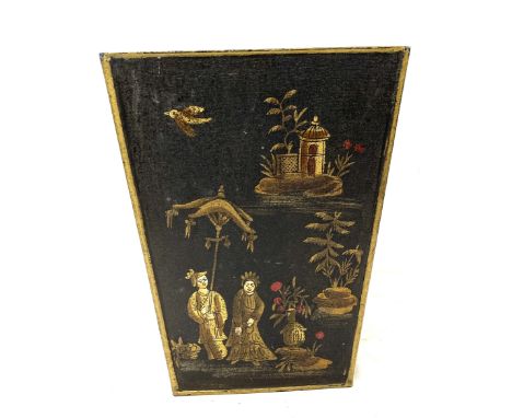 Vintage canvas covered metal waste bin with hand painted oriental scenes, approximate measurements: Height 12 inches, 10 inch
