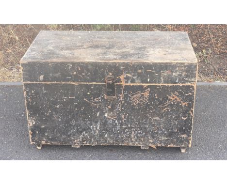 Large wooden toolbox with contents includes hammers saws screw drivers etc tool box measures 19 inches tall 30 inches wide 15