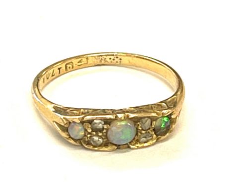 Antique opal and diamond gold ring total weight 2.6grams, chips to some stones 