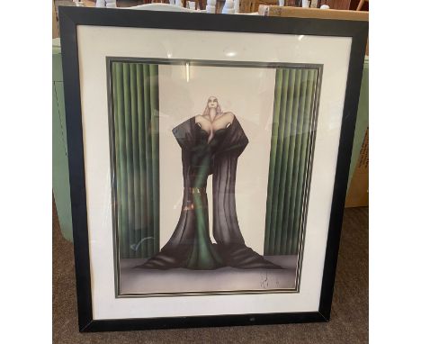Signed framed print of a lady in green measures approx 34.5 inches tall 30 inches wide 