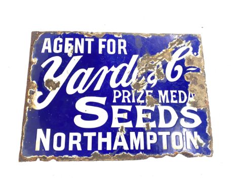Vintage double sided enamel advertising sign - Yard seed, approximate measurements: Height 10 inches, Width 14.5 inches 