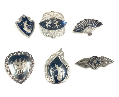 Selection of vintage and later silver, Siam  Niello Brooches etc 