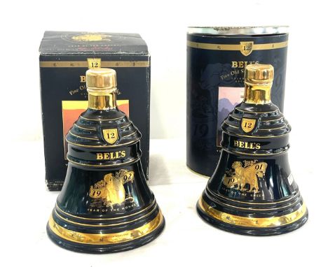 Bells Old Scotch Whisky by Wade 1991 Year of the sheep with contents, original box, 1992 Year of the monkey with original box