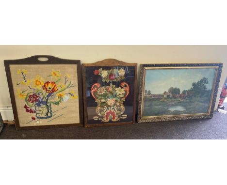 Framed print, 2 framed tapestries, framed print messages approximately 24 x 34 inches 