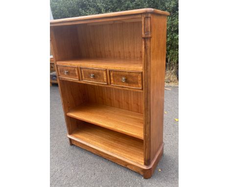 3 drawer 3 shelf figured walnut distressed bookcase measures approx 45 inches tall 35 inches wide 13 inches depth 