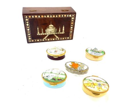 MOP inlaid small wooden box with Staffordshire enamel pill boxes 