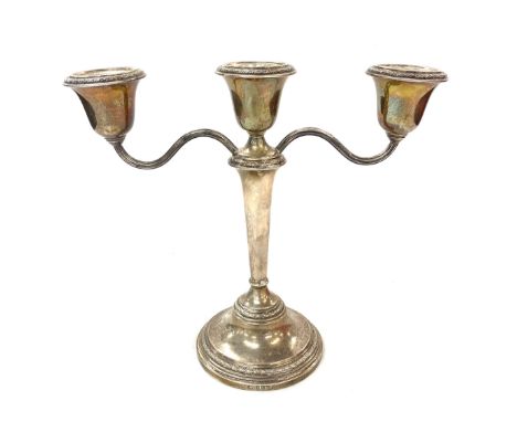 Hallmarked silver 3 branch candle holder, weighted base, approximate height 8.5 inches, Width 9 inches 