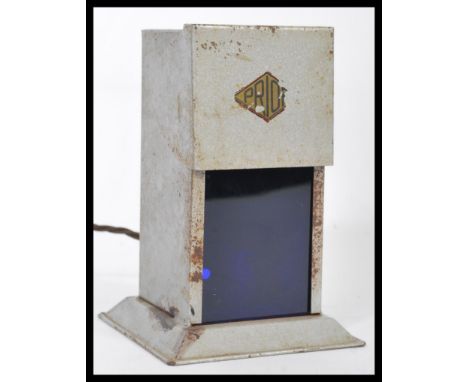 A vintage retro 20th century photographic lamp light by Prior having a blue glass panel with brushed steel body. The lamp rai